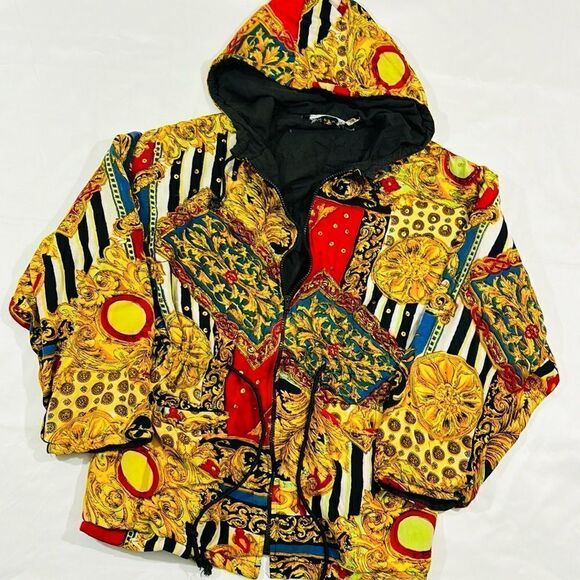 Vintage Crazy Pattern Hooded Drawstring Waist Zip Up Jacket - Picture 1 of 10